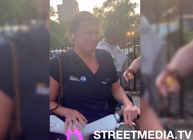 In a viral video, an entitled insane karen is caught playing victim by crying fake tears and attempting to steal a rental bike.